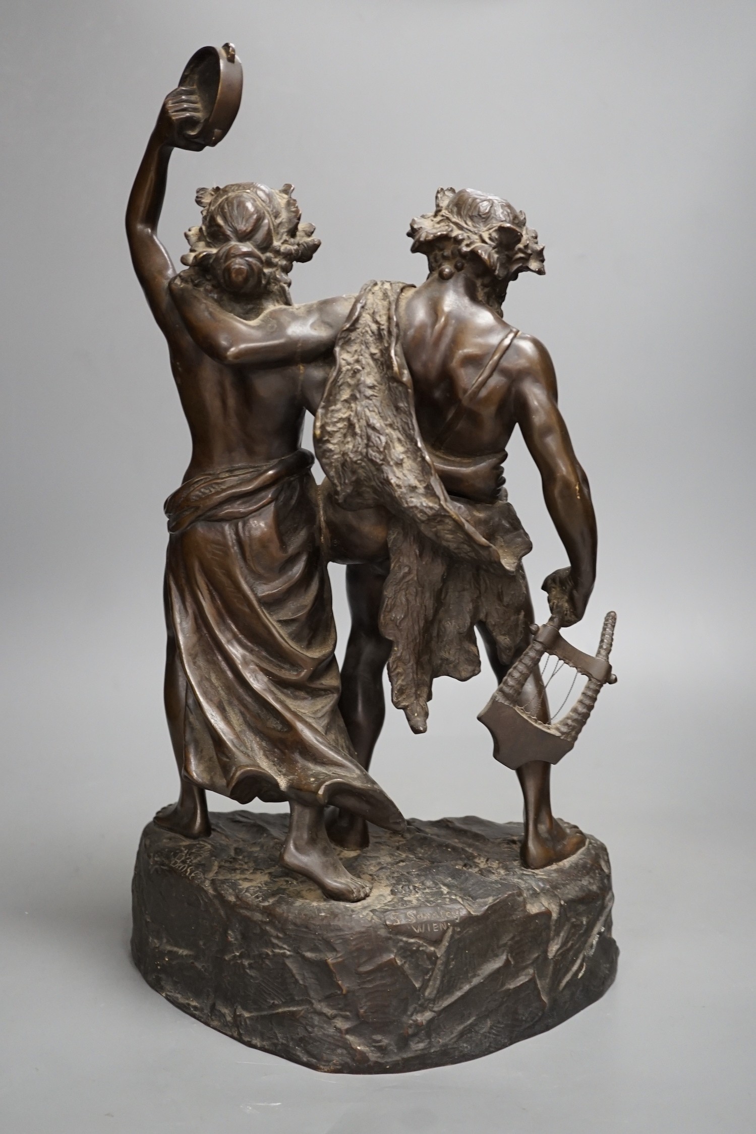 After Carl Brose, a bronze group of Bacchus and a Bacchante, S. Sonntag, Wien Foundry, 43cms high